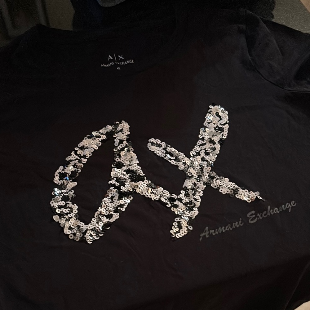 Armani Exchange Black Tee with Silver Sequin Logo
